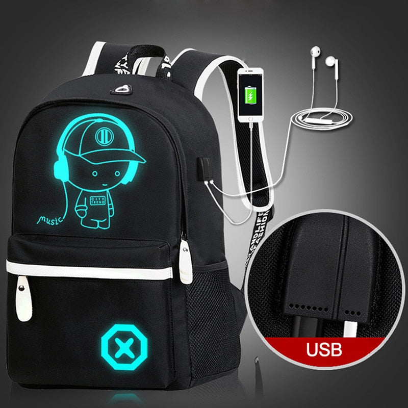Anime Fashion USB Charge School Backpack Music Luminous Schoolbag For Teenagers Daypack Waterproof Book Bag 時款動漫 USB 充電夜光防水書包