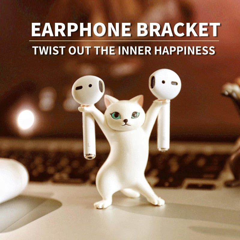 Dancing Cat Earphone Stand For AirPods 1 2 Pro Bluetooth Headphones Holder Cute Doll Handmade Decoration Pen Holder Desk Decor 可愛跳舞貓AirPods 1 2 Pro 藍牙耳機支架及裝飾筆架