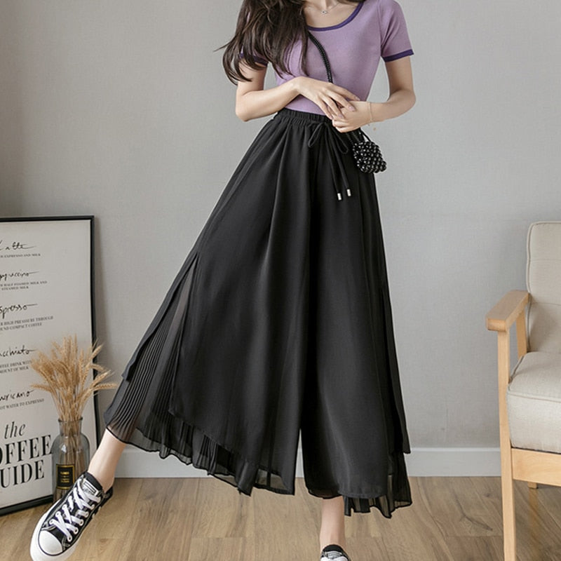 2022 Summer New Style Pleated Chiffon Wide Leg Pants Fashion Slim High Waist Drape Elegant Ankle-length Pants Skirt Trousers 夏季新款時尚百褶雪紡闊腿修身高腰九分褲