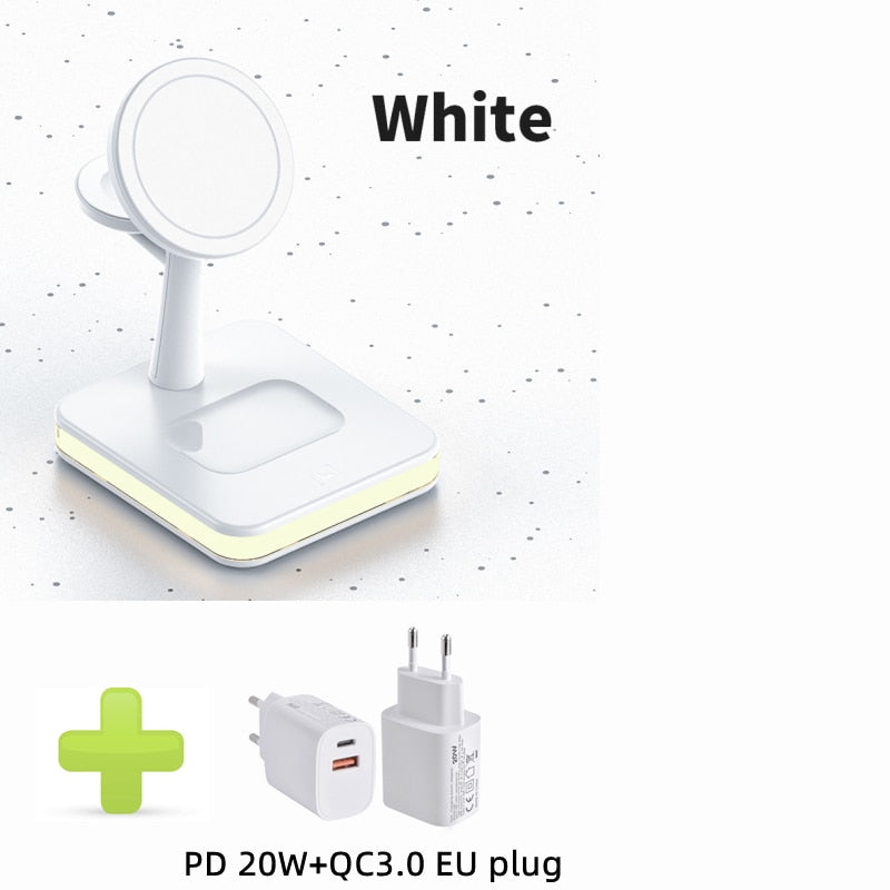 Mag-Safe Charger Stand for iPhone 12/13 14 Pro 3 in 1 Magnetic Wireless Charging Station with LED Light for Apple iWatch Airpods 3合1 磁性無線充電器支架連LED燈