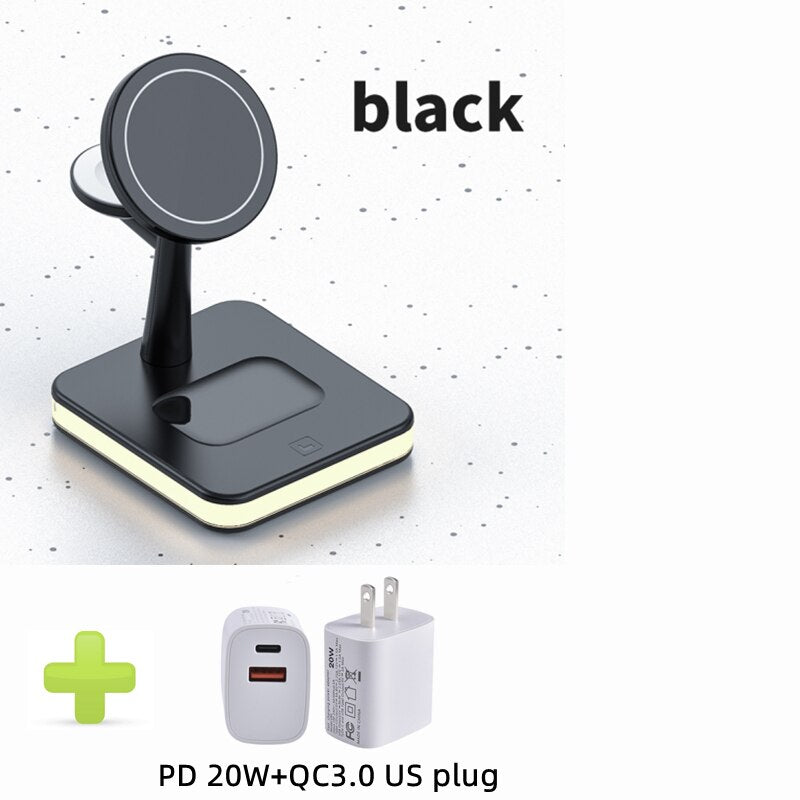 Mag-Safe Charger Stand for iPhone 12/13 14 Pro 3 in 1 Magnetic Wireless Charging Station with LED Light for Apple iWatch Airpods 3合1 磁性無線充電器支架連LED燈