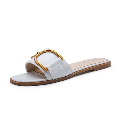 New Womens Slippers Leather Square Toe Flats Flip Flops Ladies Slides Summer Sandals Woman Flat Shoes Zapatos Fashion 新款時尚女裝皮革方頭平底拖鞋