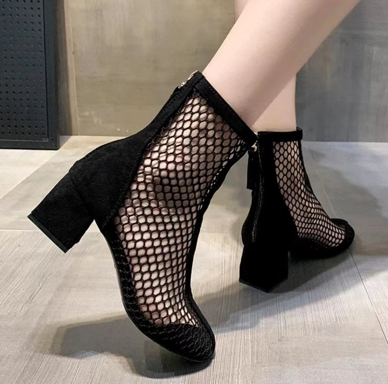 2023 New Air Mesh Net Bling Women Shoes Summer Ankle Boots Thin High Heels Sexy Sandal Chelsea Boots Female 新款夏季透氣網眼女裝高跟靴