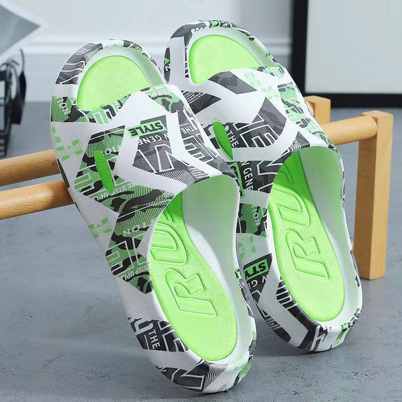 Summer Men's Open Toe One Word Casual Slippers Thick Bottom Anti-Skid Wear-Resistant Fashion Printed Beach Slippers Home Slipper 夏季男士休閒厚底防滑沙灘拖鞋