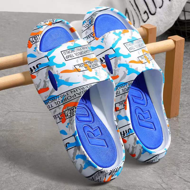 Summer Men's Open Toe One Word Casual Slippers Thick Bottom Anti-Skid Wear-Resistant Fashion Printed Beach Slippers Home Slipper 夏季男士休閒厚底防滑沙灘拖鞋