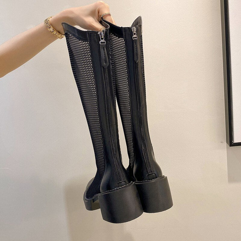 Summer New But Knee High Boots 2023 Women Breathable Mesh Hollow Cool Boots Breathable Thick Heel Ankle Boots Platform Shoes 新款夏季透氣網面不過膝高筒厚底靴