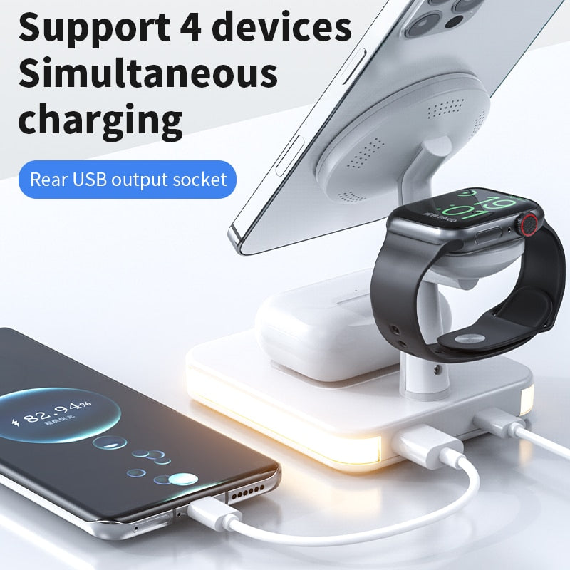 Mag-Safe Charger Stand for iPhone 12/13 14 Pro 3 in 1 Magnetic Wireless Charging Station with LED Light for Apple iWatch Airpods 3合1 磁性無線充電器支架連LED燈