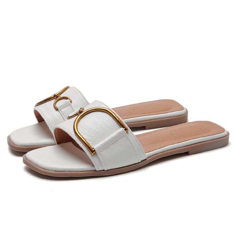 New Womens Slippers Leather Square Toe Flats Flip Flops Ladies Slides Summer Sandals Woman Flat Shoes Zapatos Fashion 新款時尚女裝皮革方頭平底拖鞋