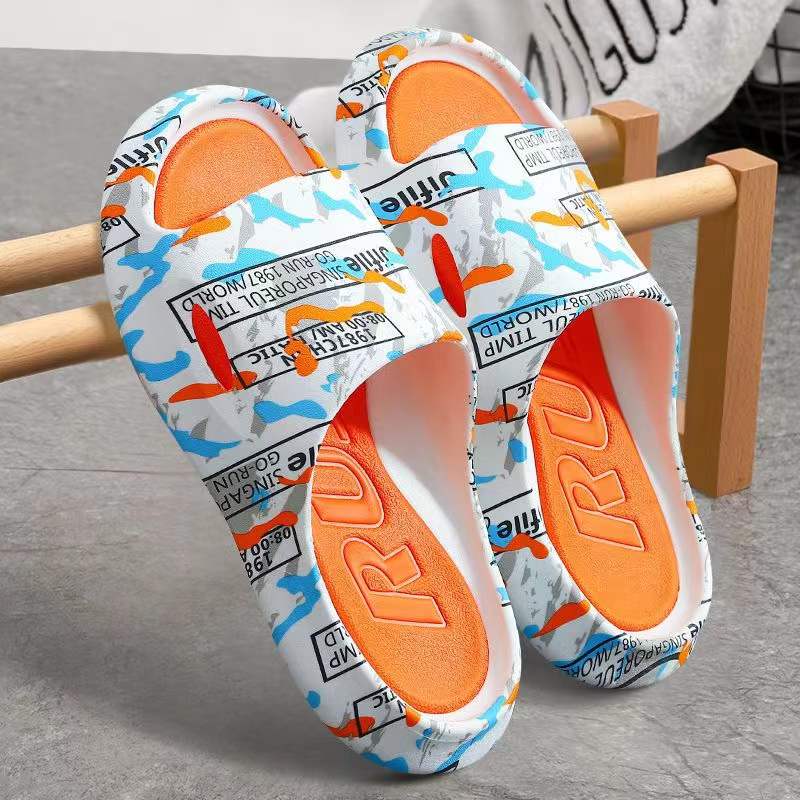 Summer Men's Open Toe One Word Casual Slippers Thick Bottom Anti-Skid Wear-Resistant Fashion Printed Beach Slippers Home Slipper 夏季男士休閒厚底防滑沙灘拖鞋