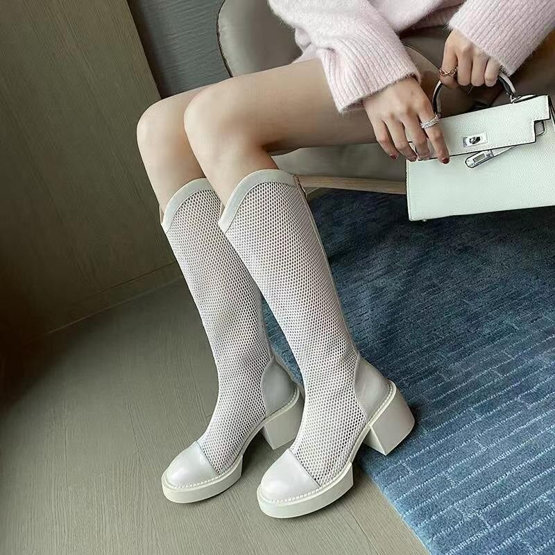 Summer New But Knee High Boots 2023 Women Breathable Mesh Hollow Cool Boots Breathable Thick Heel Ankle Boots Platform Shoes 新款夏季透氣網面不過膝高筒厚底靴