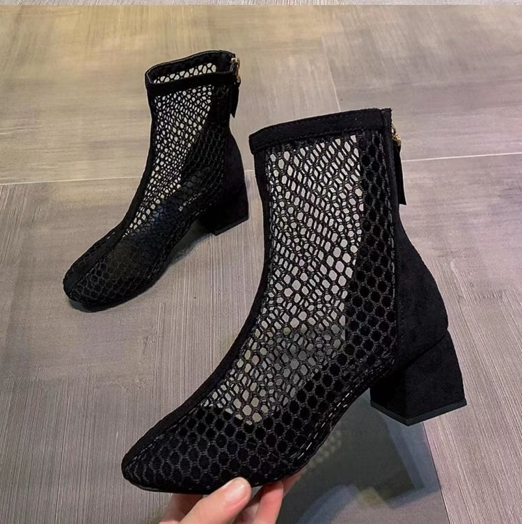 2023 New Air Mesh Net Bling Women Shoes Summer Ankle Boots Thin High Heels Sexy Sandal Chelsea Boots Female 新款夏季透氣網眼女裝高跟靴