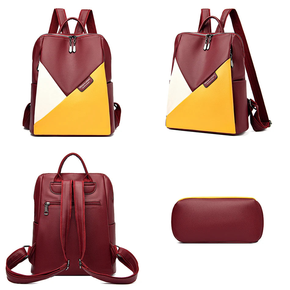 Fashion Women Backpacks Leather Rucksack Female Shoulder Bags 時尚女裝併色背包