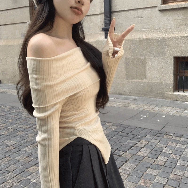 Pure Slash Neck Sexy Sweater Pullovers Women Autumn Irregular Casual Popular Temper Slim Cropped Comfort Knitwear Ulzzang Chic 女裝秋季純斜領性感修身套頭針織衫