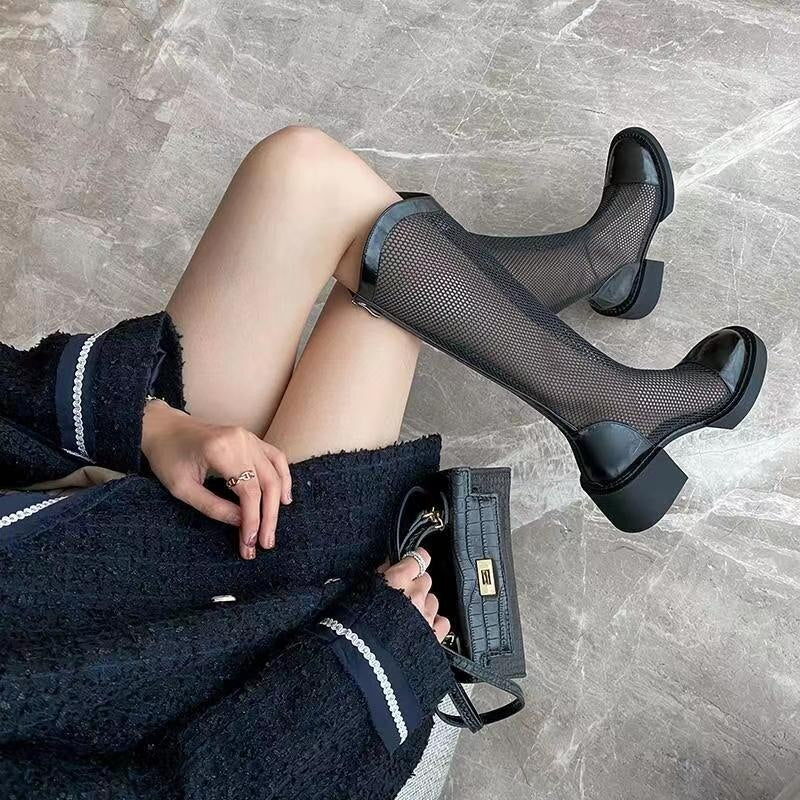 Summer New But Knee High Boots 2023 Women Breathable Mesh Hollow Cool Boots Breathable Thick Heel Ankle Boots Platform Shoes 新款夏季透氣網面不過膝高筒厚底靴