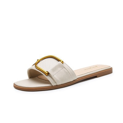 New Womens Slippers Leather Square Toe Flats Flip Flops Ladies Slides Summer Sandals Woman Flat Shoes Zapatos Fashion 新款時尚女裝皮革方頭平底拖鞋