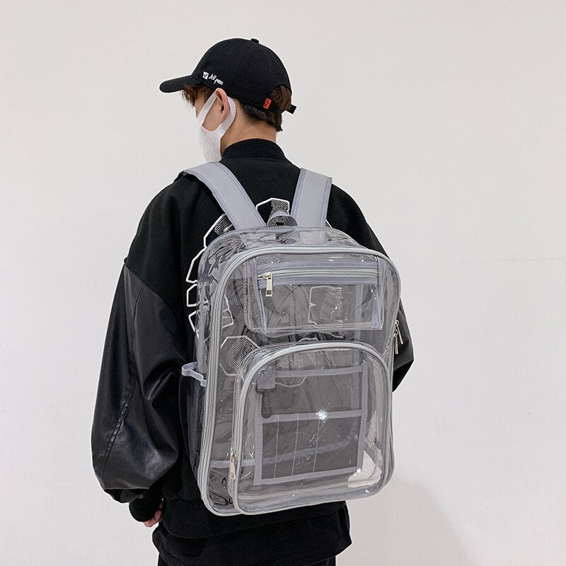 Backpack Waterproof Transparent School Bag Girl Large Capacity Backpack Solid Clear Backpack Men Fashion Transparent Plastic Bag 時尚防水透明塑料背包