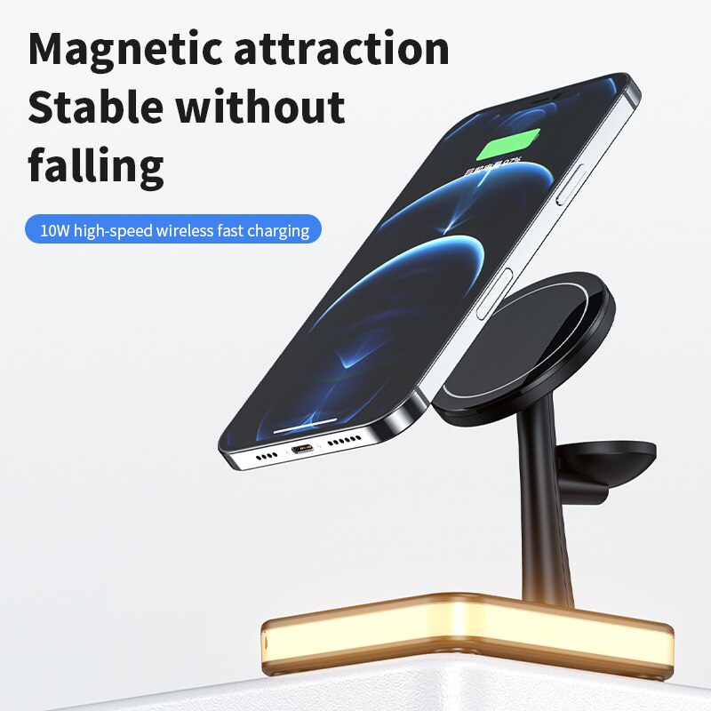 Mag-Safe Charger Stand for iPhone 12/13 14 Pro 3 in 1 Magnetic Wireless Charging Station with LED Light for Apple iWatch Airpods 3合1 磁性無線充電器支架連LED燈
