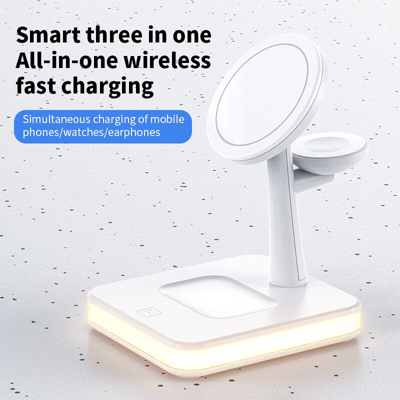 Mag-Safe Charger Stand for iPhone 12/13 14 Pro 3 in 1 Magnetic Wireless Charging Station with LED Light for Apple iWatch Airpods 3合1 磁性無線充電器支架連LED燈