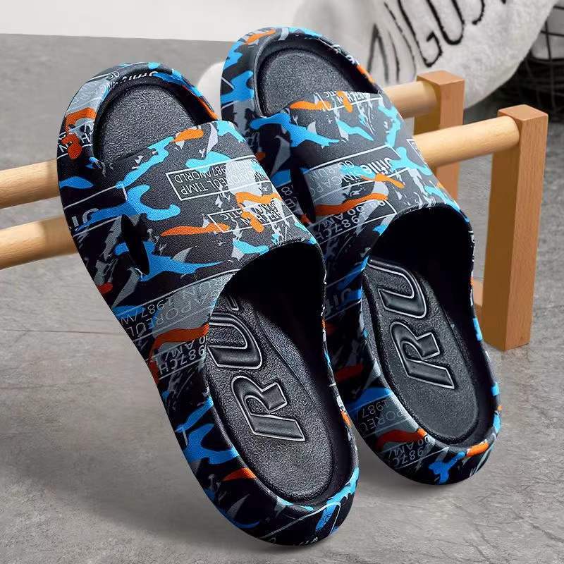 Summer Men's Open Toe One Word Casual Slippers Thick Bottom Anti-Skid Wear-Resistant Fashion Printed Beach Slippers Home Slipper 夏季男士休閒厚底防滑沙灘拖鞋