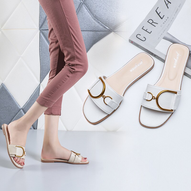 New Womens Slippers Leather Square Toe Flats Flip Flops Ladies Slides Summer Sandals Woman Flat Shoes Zapatos Fashion 新款時尚女裝皮革方頭平底拖鞋