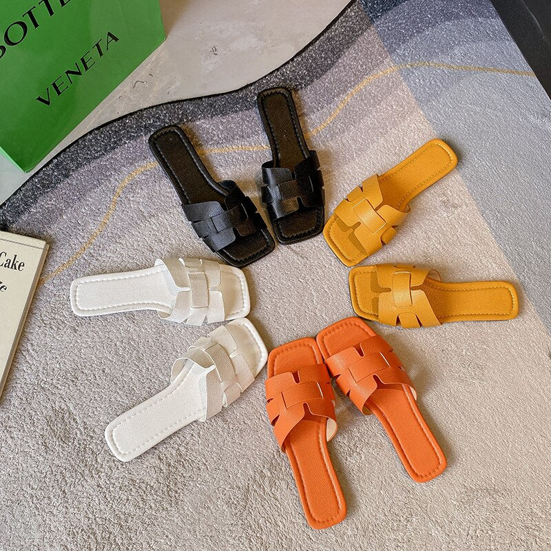 2022 Causal Woman Slippers Peep Toe Flat Shoes Woman Outside Slippers Woman Summer Sandals Shallow Low Heel Orange Women's Shoes 夏季休閒女裝露趾平底涼鞋