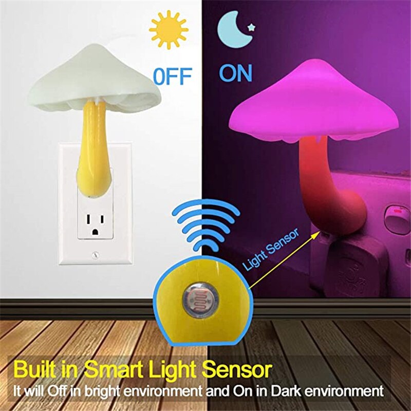 LED Night Lights Mushroom Shape Wall Lamps Automatic Sensor Socket Lamp Light-control Sensor Bedroom Decor Lighting EU US Plug LED蘑菇形自動感應小夜燈