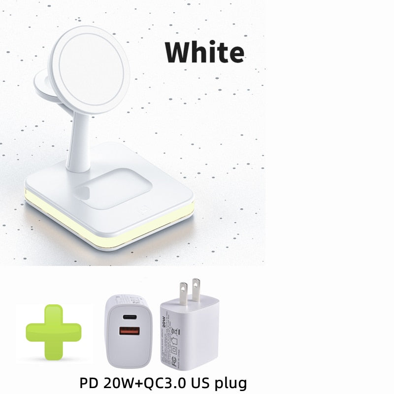 Mag-Safe Charger Stand for iPhone 12/13 14 Pro 3 in 1 Magnetic Wireless Charging Station with LED Light for Apple iWatch Airpods 3合1 磁性無線充電器支架連LED燈