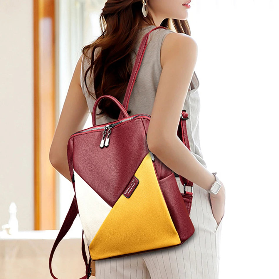 Fashion Women Backpacks Leather Rucksack Female Shoulder Bags 時尚女裝併色背包