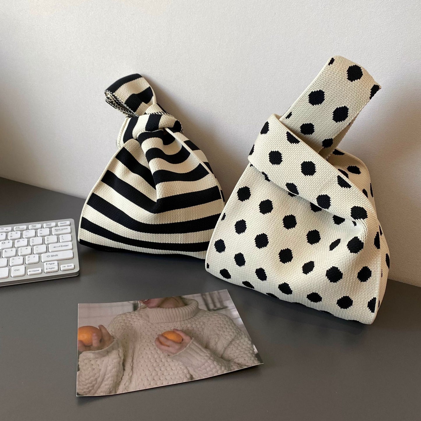 Korean Style Trendy Polka Dot And Stripe Knitted Handbag One Shoulder Bag 韓版潮流波點條紋針織單肩手提包