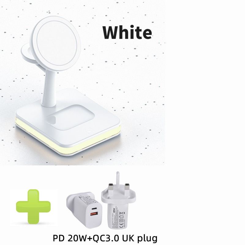 Mag-Safe Charger Stand for iPhone 12/13 14 Pro 3 in 1 Magnetic Wireless Charging Station with LED Light for Apple iWatch Airpods 3合1 磁性無線充電器支架連LED燈