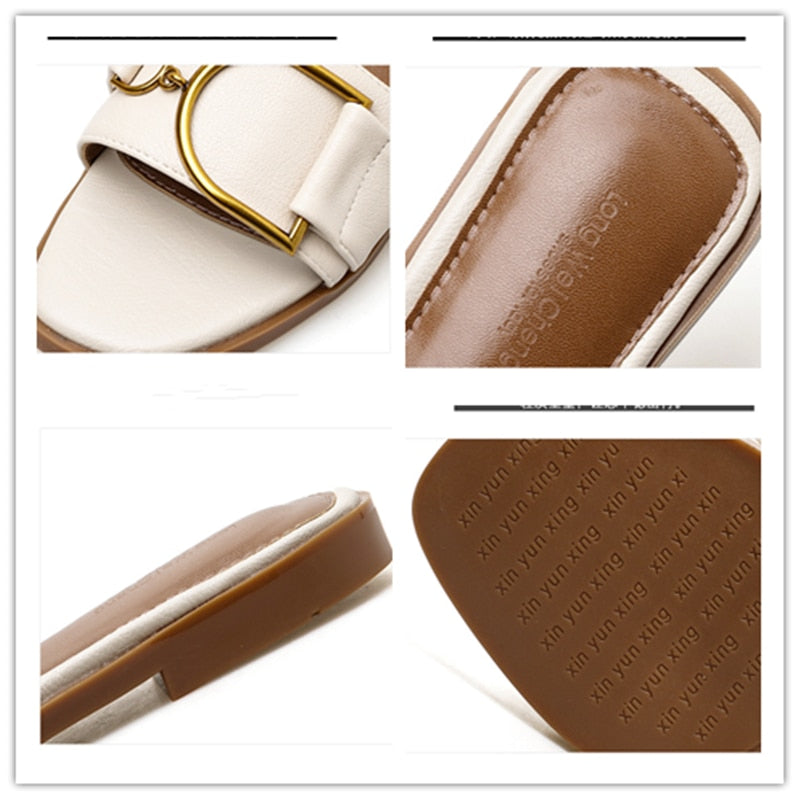 New Womens Slippers Leather Square Toe Flats Flip Flops Ladies Slides Summer Sandals Woman Flat Shoes Zapatos Fashion 新款時尚女裝皮革方頭平底拖鞋