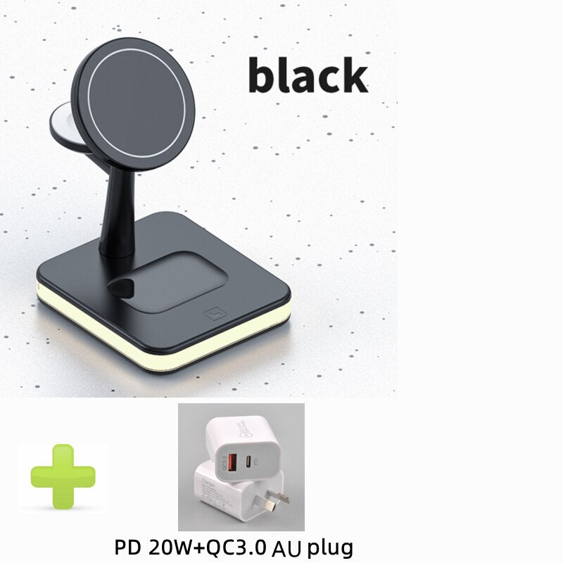 Mag-Safe Charger Stand for iPhone 12/13 14 Pro 3 in 1 Magnetic Wireless Charging Station with LED Light for Apple iWatch Airpods 3合1 磁性無線充電器支架連LED燈