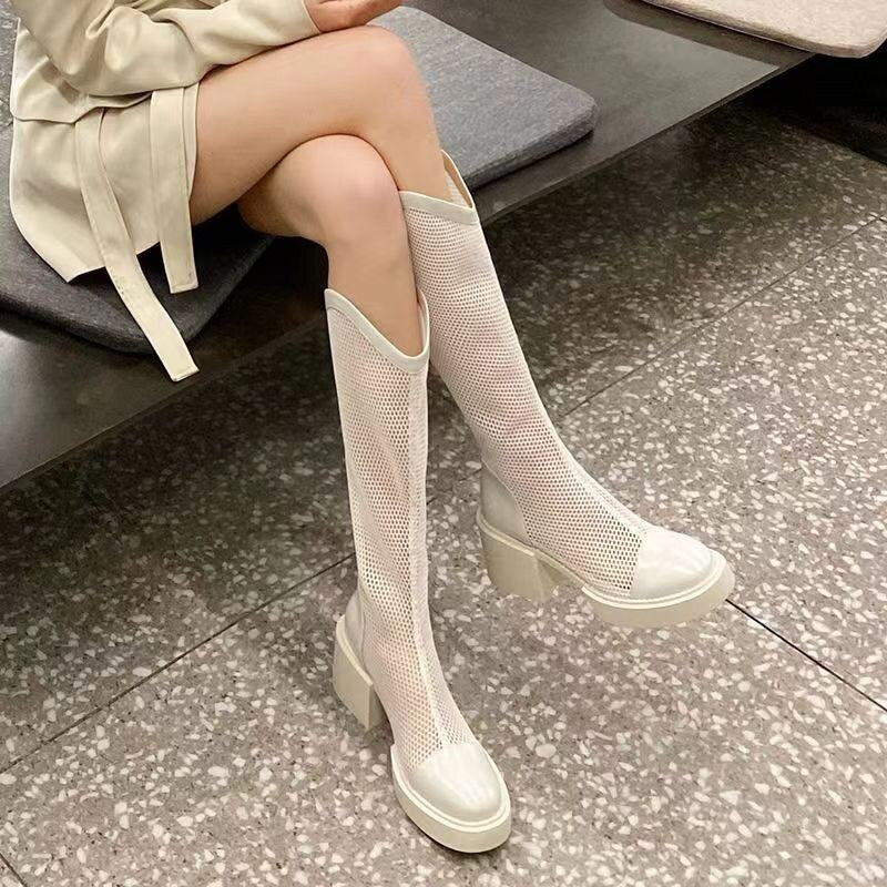 Summer New But Knee High Boots 2023 Women Breathable Mesh Hollow Cool Boots Breathable Thick Heel Ankle Boots Platform Shoes 新款夏季透氣網面不過膝高筒厚底靴