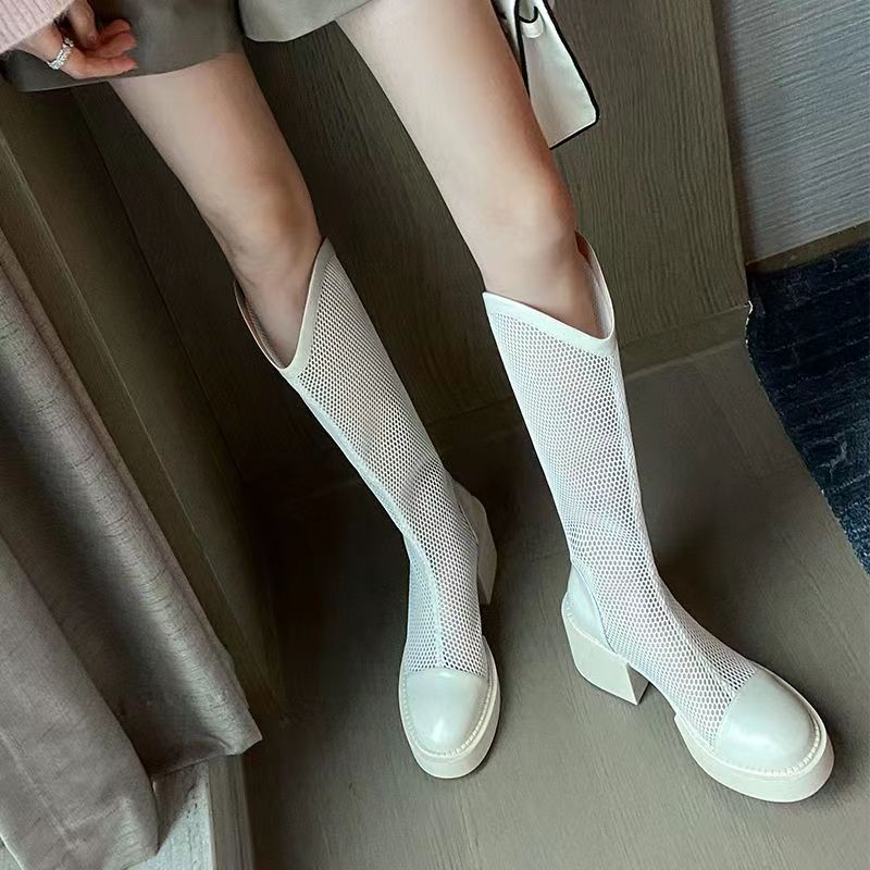 Summer New But Knee High Boots 2023 Women Breathable Mesh Hollow Cool Boots Breathable Thick Heel Ankle Boots Platform Shoes 新款夏季透氣網面不過膝高筒厚底靴