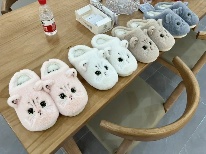 Cute Cat Fuzzy Cotton Slippers 可愛毛絨貓厚底拖鞋
