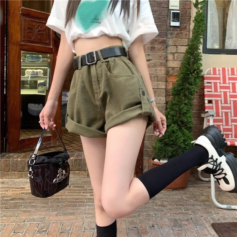 Denim Shorts Women High Waist Summer Solid All-match Hotsweet Loose Casual Rolled Edge Korean Style Chic Streetwear Ins Popular 夏季純色女裝牛仔高腰短褲
