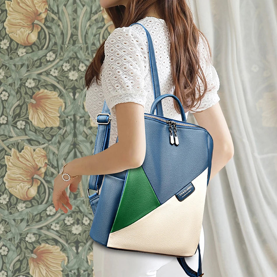Fashion Women Backpacks Leather Rucksack Female Shoulder Bags 時尚女裝併色背包