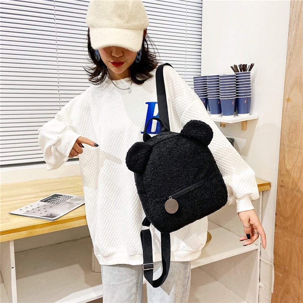 Portable Children Travel Shopping Rucksacks Casual Autumn Winter Lamb Fleece Women's Bagpack Cute Bear Shaped Shoulder Backpack