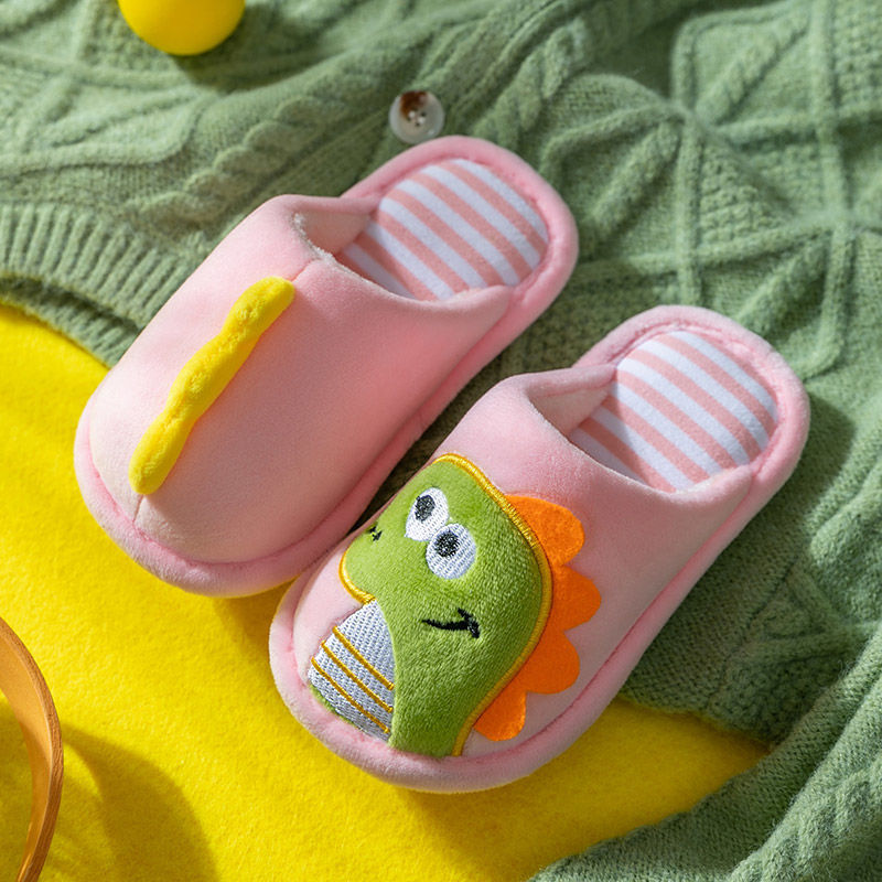 Autumn Winter Non-Slip Warm Children Slippers Indoor Cartoon Dinosaur Girl Shoes Soft Sole Baby Boys Fuzzy Slip-On Home Slippers 秋冬毛絨防滑保暖兒童拖鞋 (卡通恐龍系列)