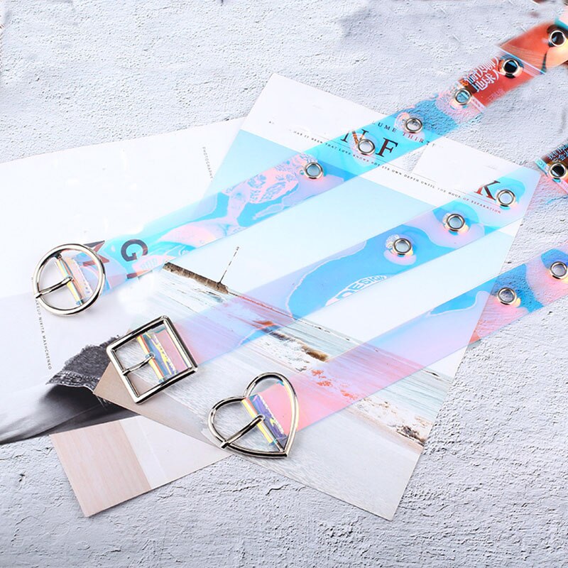 New Laser Women Belt Holographic Clear Waist Belt Metal Pin Buckle Transparent Waist Belts for Women Belt Waistband 90cm-120cm