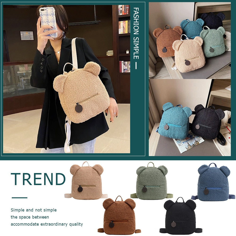 Portable Children Travel Shopping Rucksacks Casual Autumn Winter Lamb Fleece Women's Bagpack Cute Bear Shaped Shoulder Backpack