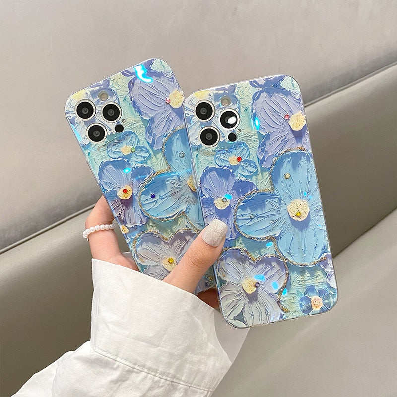 Luxury Fashion Retro Flowers Laser Phone Case For iPhone 14 Pro MAX 13 12 Mini 11 X XS XR 7 8 Plus SE 2020 Soft Shockproof Cover
