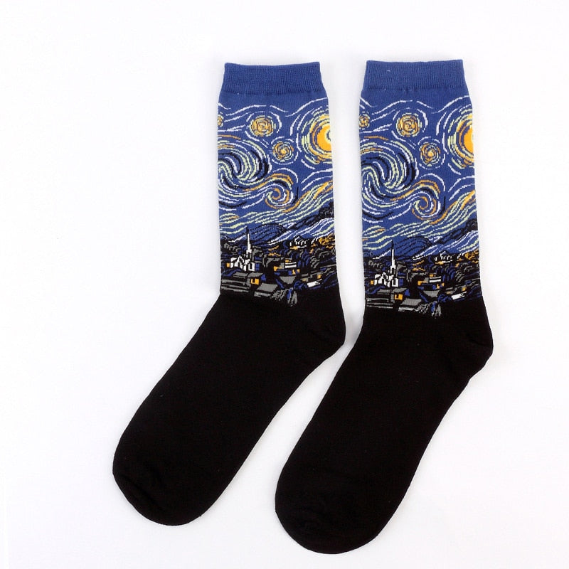 Starry Night Winter Retro Women Personality Art Van Gogh Mona Lisa Famous Painting Men Socks Oil Funny Happy Socks 復古風格名作油畫元素圖案厚襪
