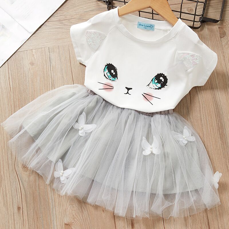 Summer Baby Girls Princess Dress 2pcs Set (Cute Cartoon Cat Print T-shirt Top+Mesh Tutu Skirt Toddler Kids Outfits Clothes) 夏季女嬰公主裙 2 件套裝(可愛卡通印花 T 恤 + 網眼芭蕾舞短裙兒童服裝)