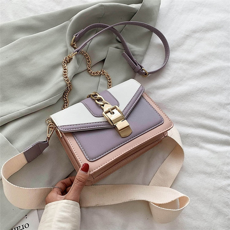 Fashion chain lady Sling bag Panelled color PU Leather Crossbody Bag For Women 2022 new Wide strap Shoulder Messenger Bag Ladies 時尚皮革鏈條寬肩單肩包