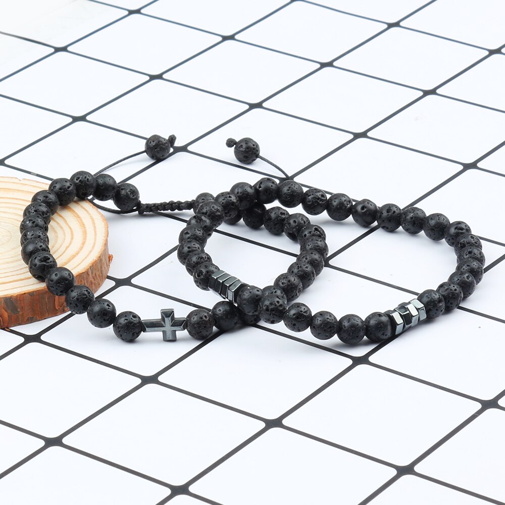 2pcs/set Obsidian Stone Bracelet Men Black Lava Hematite Cross Beads Bangle Women Charm Natural Stone Paryer Jewelry Pulseras