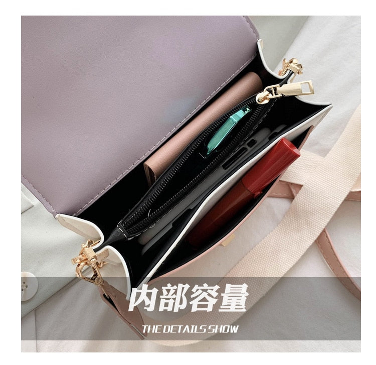 Fashion chain lady Sling bag Panelled color PU Leather Crossbody Bag For Women 2022 new Wide strap Shoulder Messenger Bag Ladies 時尚皮革鏈條寬肩單肩包