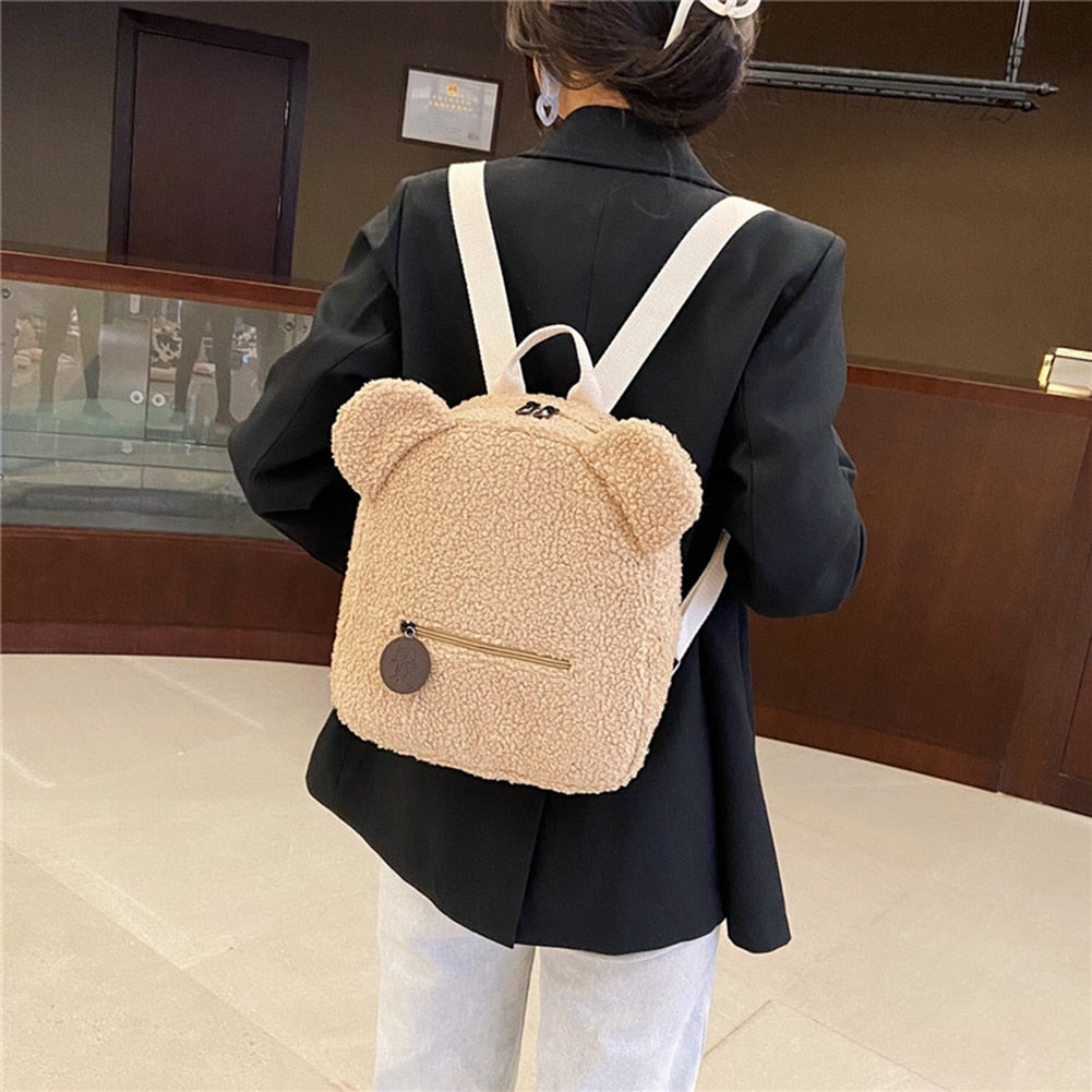 Portable Children Travel Shopping Rucksacks Casual Autumn Winter Lamb Fleece Women's Bagpack Cute Bear Shaped Shoulder Backpack