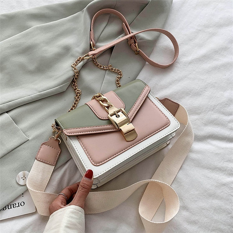 Fashion chain lady Sling bag Panelled color PU Leather Crossbody Bag For Women 2022 new Wide strap Shoulder Messenger Bag Ladies 時尚皮革鏈條寬肩單肩包