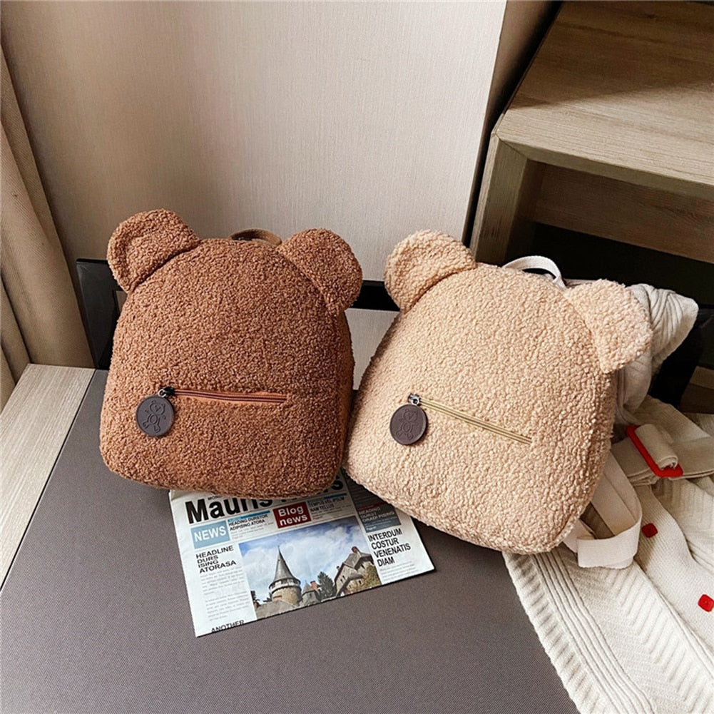 Portable Children Travel Shopping Rucksacks Casual Autumn Winter Lamb Fleece Women's Bagpack Cute Bear Shaped Shoulder Backpack